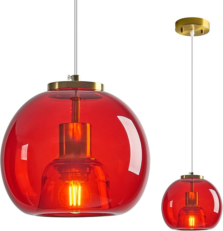 Red Glass Pendant Lights Kitchen Island Gold Hanging Light Fixture Glass Globe Pendant Light Mode... | Amazon (US)
