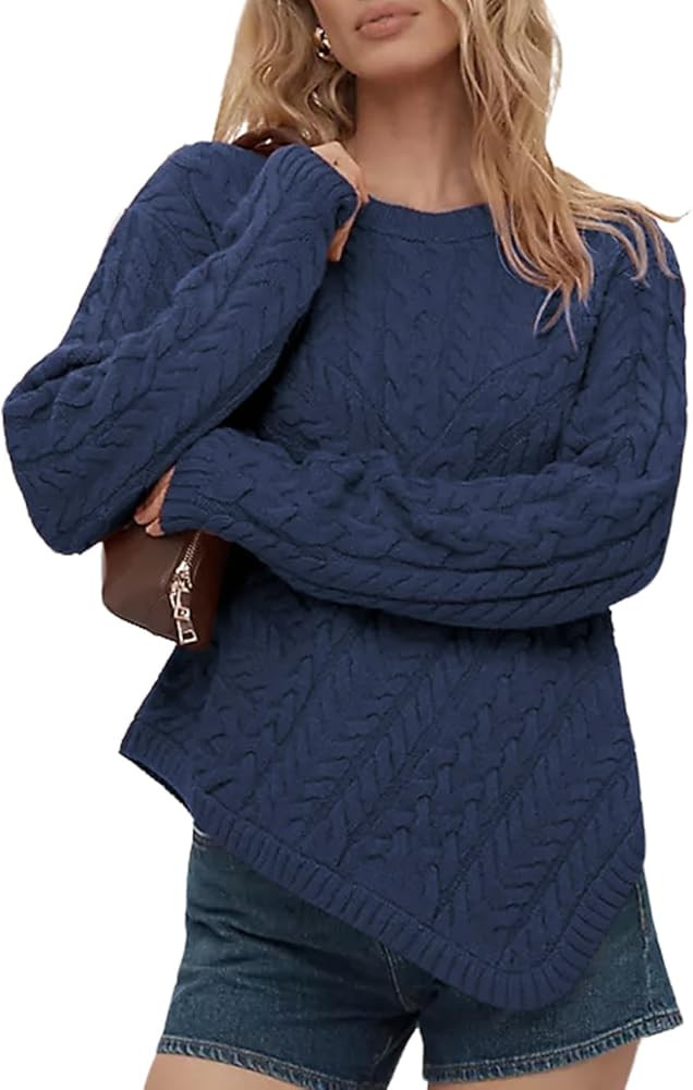Women’s Cable Knit Sweater Crewneck Long Sleeve Soft Regular Fit with High Low Hem Fashion Pull... | Amazon (US)