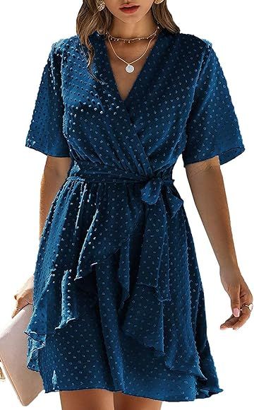 Women Summer V Neck Chiffon Loose Casual Ruffle Polka Dot Party Short Dresses | Amazon (US)