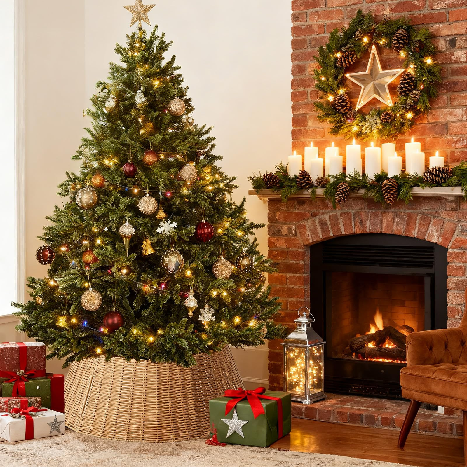 Sweetcrispy 27in Christmas Tree Collar, Wicker Skirt for 7.5ft Artificial Trees, 4-Piece Wicker B... | Amazon (US)