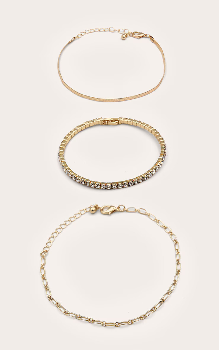 Gold Diamante Bangle & Chain MultiPack Bracelet | PrettyLittleThing UK