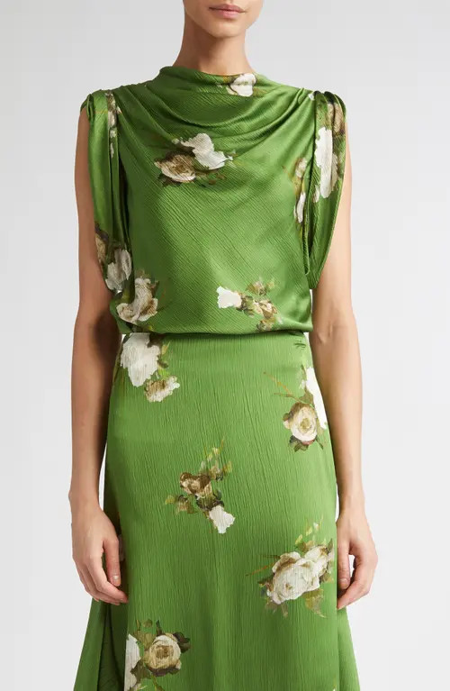 Erdem Painted Rose Print Crinkled Satin Top in Painted Rose Bouquet Olive at Nordstrom, Size 10 Us | Nordstrom