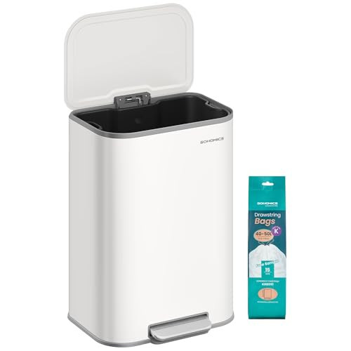 SONGMICS Kitchen Trash Can, 13-Gallon (50 L) Garbage Can with Lid, Stainless Steel, Soft Close and Stays Open, Inner Bucket, Wide Non-Slip Pedal, Cloud White ULTB547W01 | Amazon (US)
