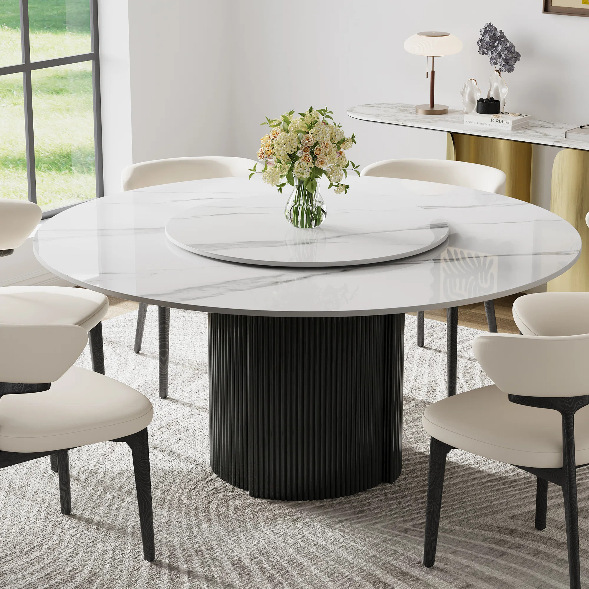 59.08'' Round Dining Table Marble Top with Lazy Susan, White Circle Dining Table with Black Stain... | Wayfair North America