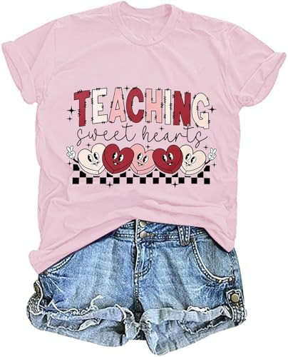 Teacher Valentines Shirt for Womens Teaching Sweethearts T-Shirt Short Sleeve Candy Heart Tee Top... | Amazon (US)