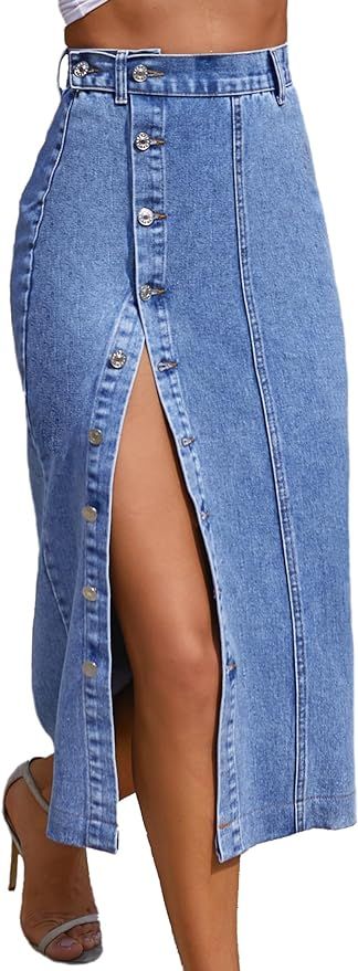 Nihsatin Women's Button Front Split Denim Midi Skirt High Waist Slim Fit Pencil Skirt | Amazon (US)