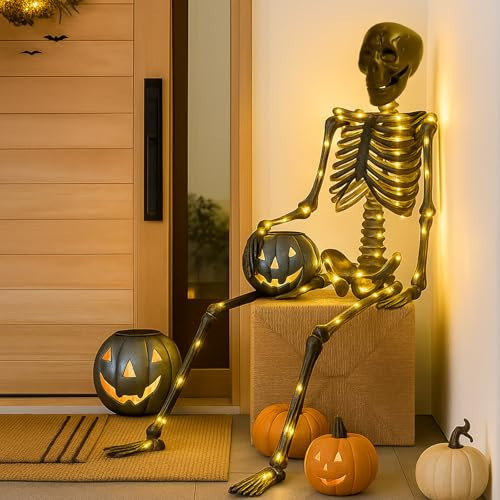 Arrowbash 2 Pack Halloween Light up Black Skeleton 36 Inch Posable Black Halloween Indoor Outdoor Skeleton with Realistic Movable Joints for Porch Home Yard Decor | Amazon (US)