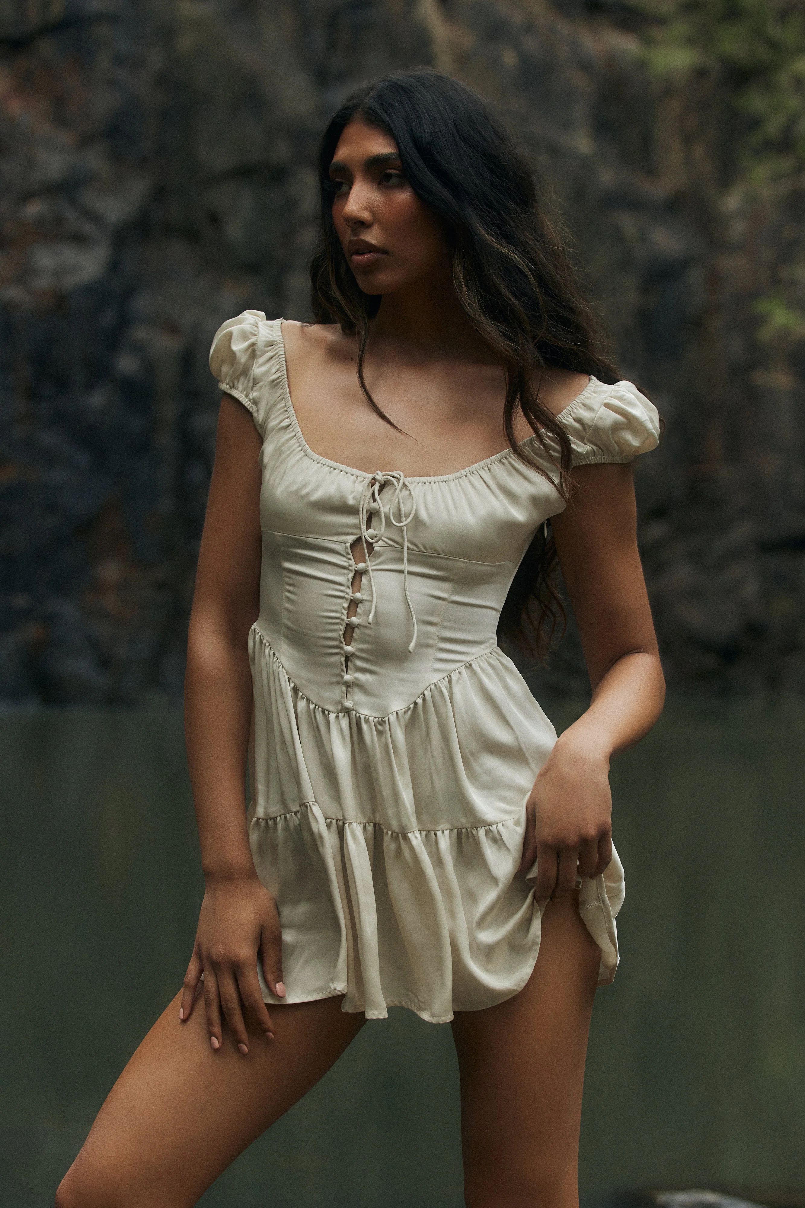 Havanna Satin Mini Dress - Sand | MESHKI US