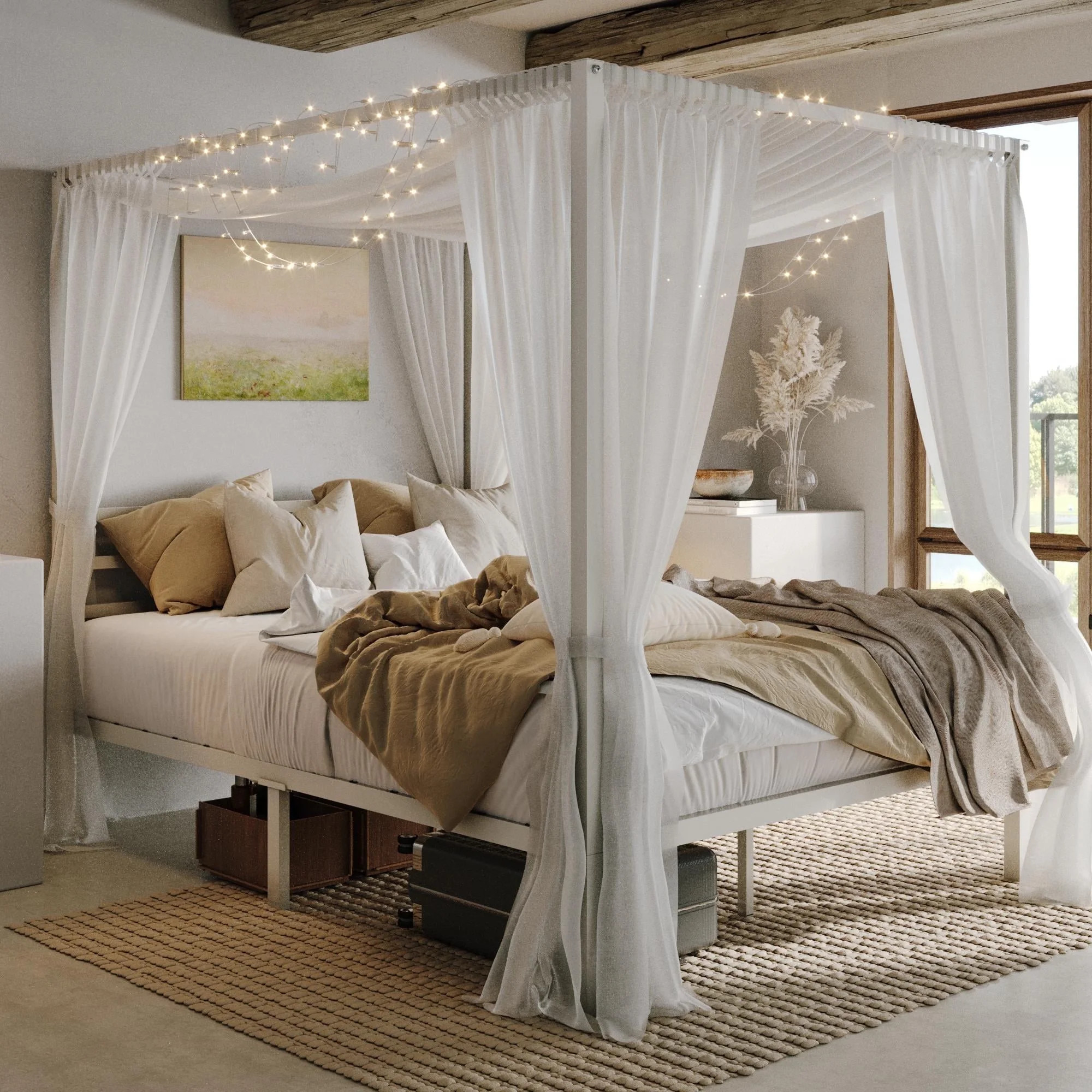 Einfach Queen Size Canopy Bed Frame with Metal Headboard, Nox Box Spring Needed,White | Walmart (US)