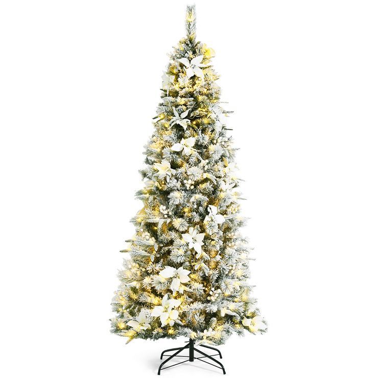 Costway 5ft/6ft/7ft/8ft Pre-lit Snow Flocked Christmas Tree w/ Berries & Poinsettia Flowers | Target