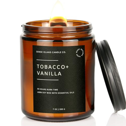 Tobacco Vanilla Wood Wick Candle for Men – Strong Masculine Scent, 100% Soy, 50-Hour Burn – Luxury Scented Candle with Crackling Wooden Wick for Home, Office, Gifts | Amazon (US)