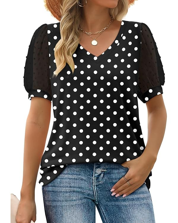 Aokosor Womens Summer Tops V Neck T Shirts Swiss Dot Puff Sleeve Tops Loose Casual Tshirts | Amazon (US)