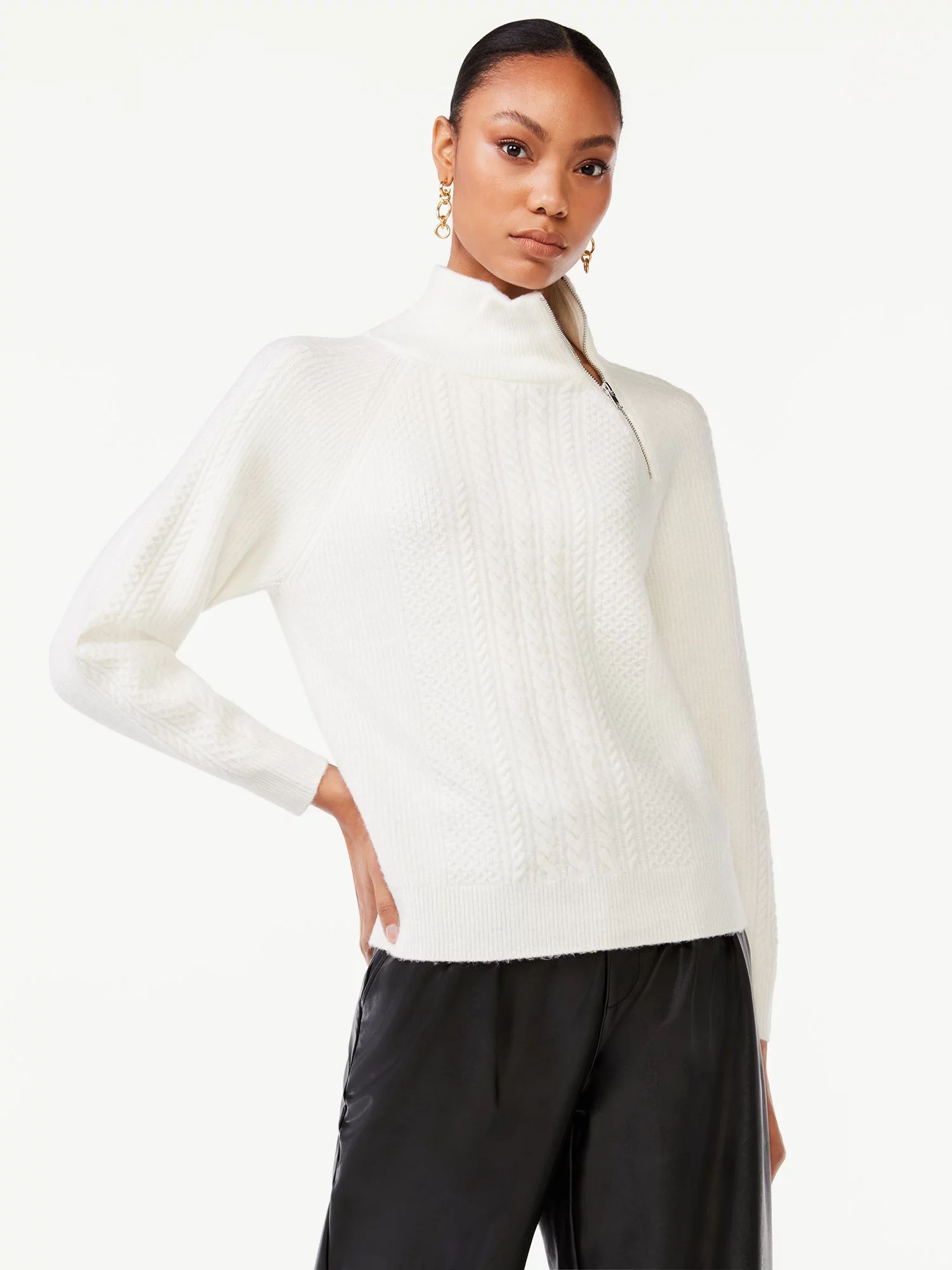 Scoop Women's Zip Neck Cable Sweater - Walmart.com | Walmart (US)