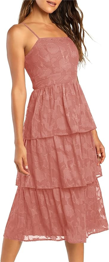 Ferlema Women's 2024 Summer Sleeveless Spaghetti Strap Smocked Tiered Flowy Beach Cocktail Midi D... | Amazon (US)