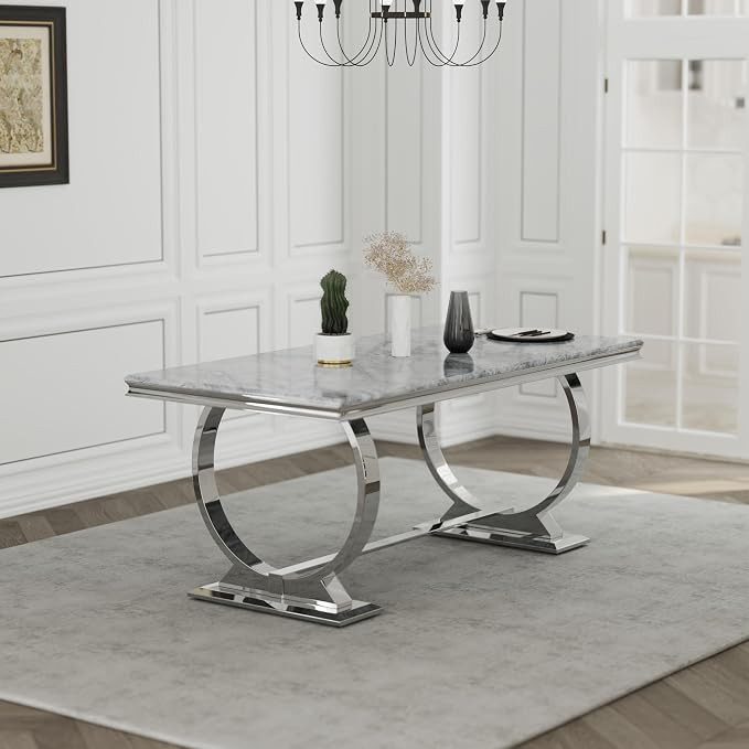 ACEDÉCOR Modern Dining Room Table with Silver Stainless Steel Metal U-Base in Grey Silver | Amazon (US)