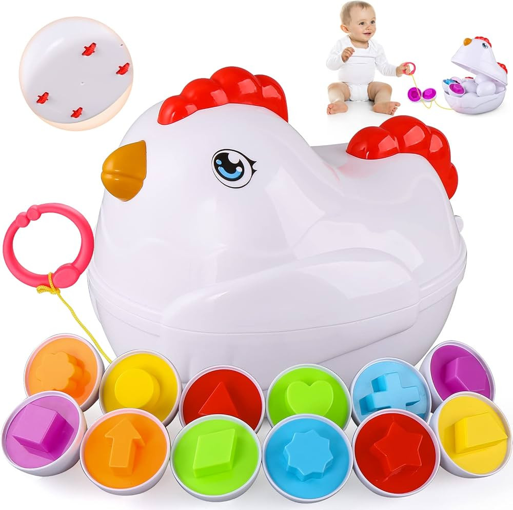 Toddlers Easter Matching Eggs, 12 PCS Shape Color Sorting Eggs with Push & Pull Hen Box, Easter C... | Amazon (US)