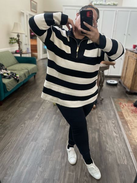Striped Ribbed Quarter Zip Tunic Sweater I am wearing a large over a band tee. On sale today, sizes M and L.

Perfect for spring, runs large making layering a breeze.

Casual fit paired with fleece joggers from Amazon. Zipper pocket, holds an iphone easy.

High quality sneakers that wipe clean from Frye.

#LTKSeasonal #LTKsalealert #LTKmidsize