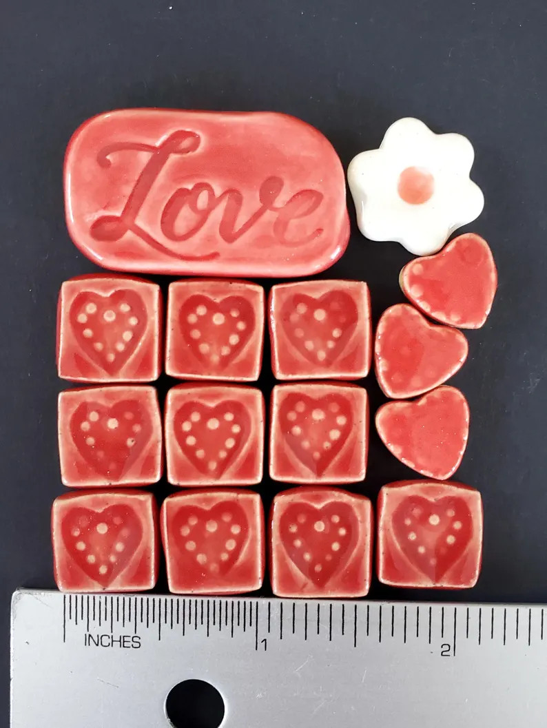 Red and White Valentine Mosaic Tile Set (15pc), Handmade Porcelain Ceramic Tiles for Mosaics, Cra... | Etsy (US)