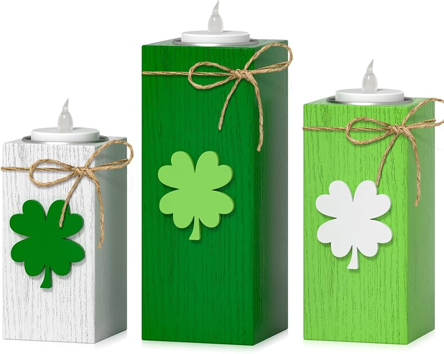 CRCZK St Patricks Day Votive Candle Holders Set of 3 Wooden Tea Light Holders with Battery Operat... | Amazon (US)
