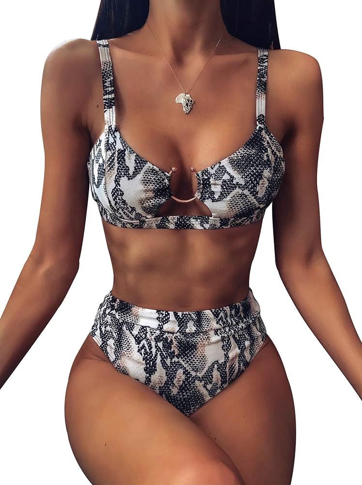 EJsoyo Women High Waisted Bikini Ring Sexy Snakeskin Print Black Swimwear Brazilian 2 Piece Swimsuit | Amazon (US)