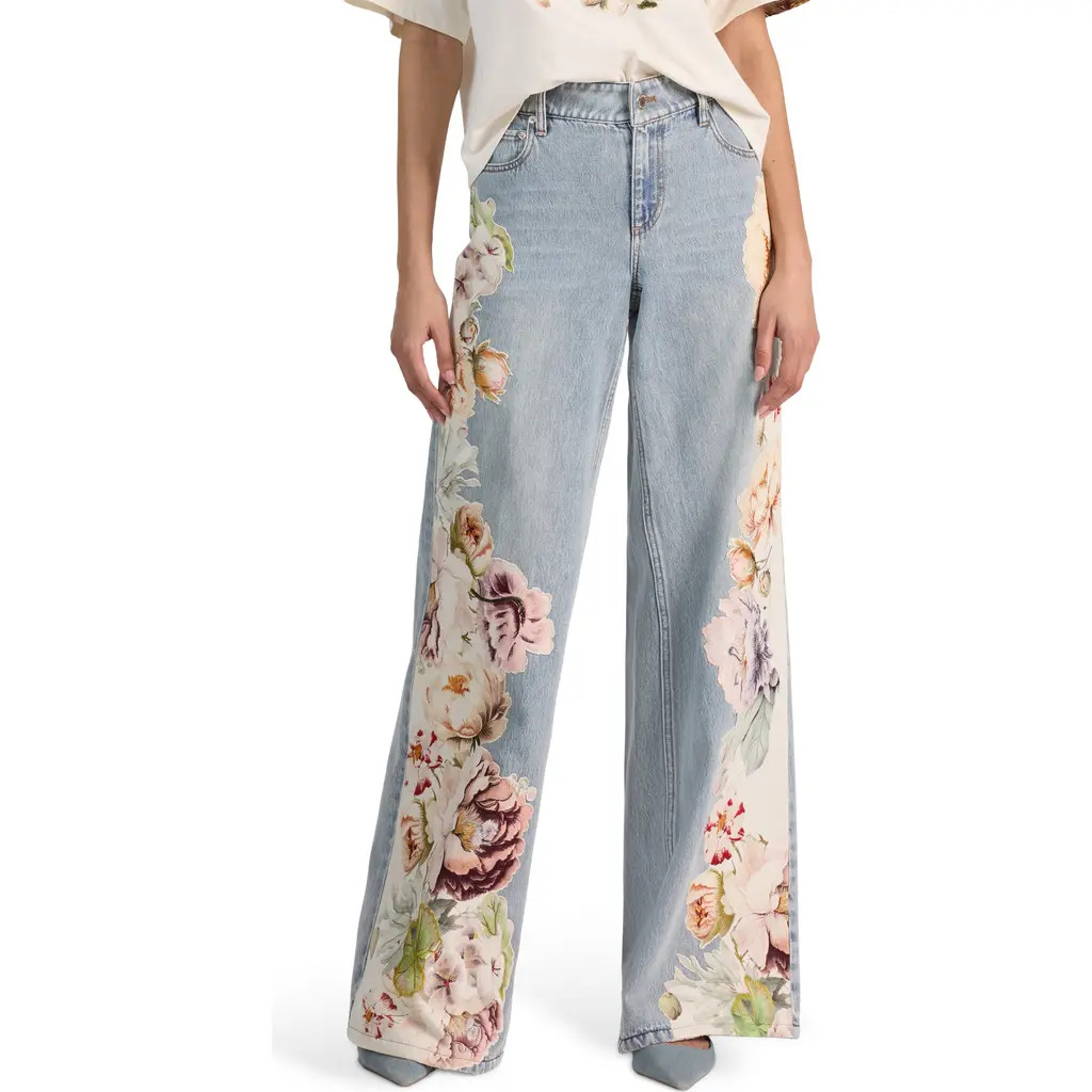 Alice + Olivia Amazing Floral Appliqué Baggy Jeans in Sierra Vintage/Multi at Nordstrom, Size 29 | Nordstrom
