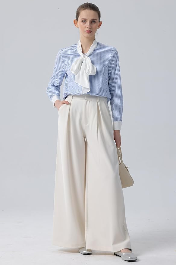 Tronjori Women High Waist Casual Wide Leg Long Palazzo Pants Trousers Regular Size | Amazon (US)