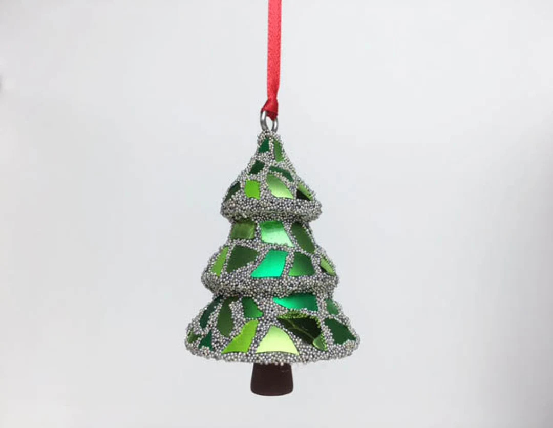 Mosaic Snowy Christmas Tree Broken Glass Silver Microbeads Winter Snow Green Metallic deck the ha... | Etsy (US)