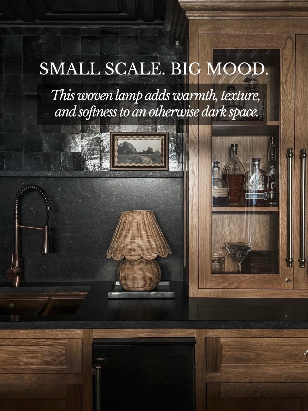 Small scale, big impact ✨
This woven table lamp is the perfect way to soften a dark kitchen or bar area, adding warm lighting, natural texture, and cozy ambiance. I love how the rattan/wicker lamp shade contrasts against the dark stone backsplash, black countertops, and rich wood cabinetry—it instantly elevates the space without overpowering it. A simple styling trick that brings balance, warmth, and character to a moody modern kitchen or home bar setup. Linked on LTK 🤍

#eanesinteriors #wovenlamp #rattanlamp #wickerlamp #kitchenlighting #barareadecor #darkkitchen #moodyinteriors #warmlighting #naturalmaterials #woodcabinetry #interiordetails #LTKhome #LTKfinds

#LTKOver40 #LTKHome #LTKstorytime