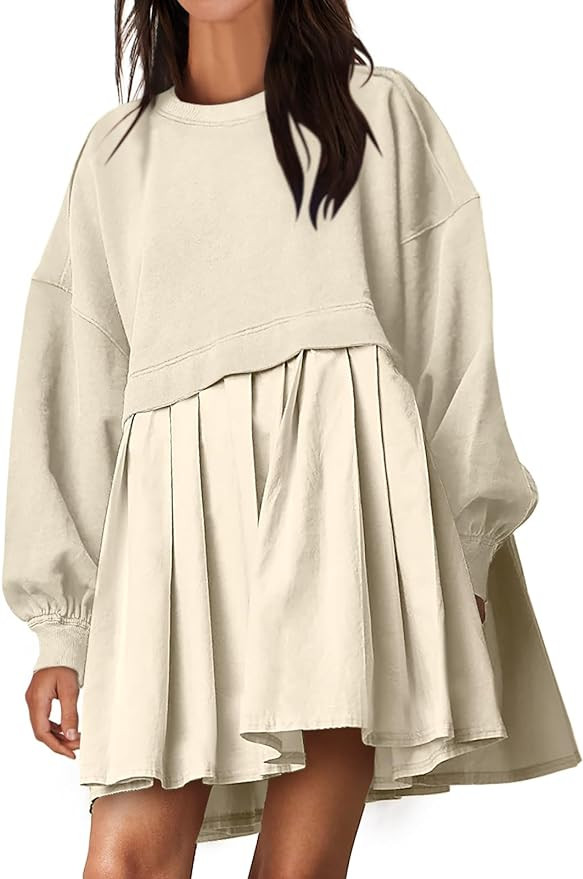 ANRABESS Women Sweatshirts Dress Oversized Long Sleeve Patchwork Casual Loose Pleated Pullover Mi... | Amazon (US)