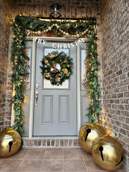 Everything we used for the front stoop. We have the 16” and 22” gold bells. The gold beaded garland was a Hobby Lobby find. There are nine garland strands here:

2x Norfolk Pine 15’
4x Eucalyptus
2x Mixed Pine
1x Pine Garland

#LTKfindsunder50 #LTKHoliday #LTKhome