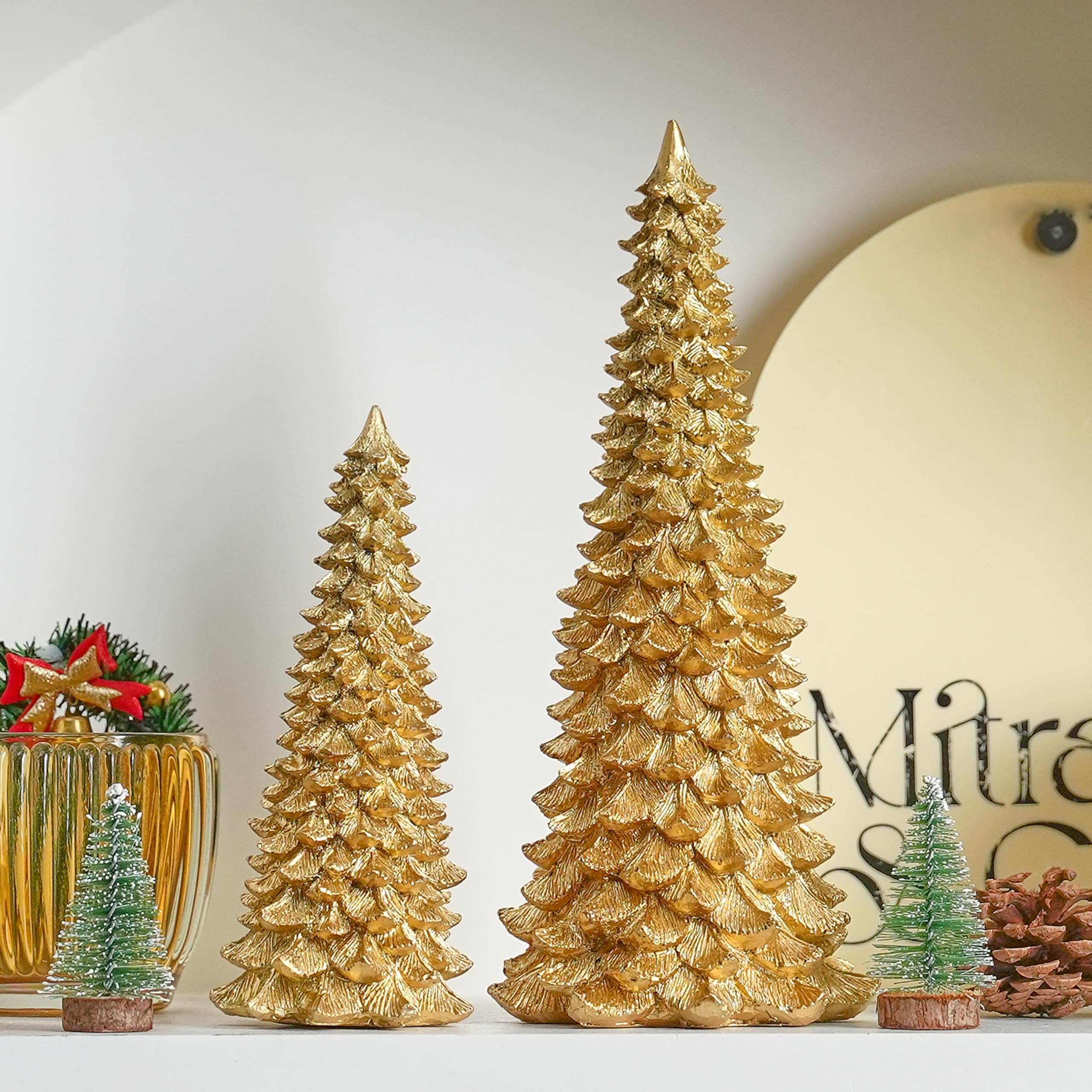 Gold Christmas Tree Figurines, 2Pcs Resin Christmas Tree for Tabletop Decoration, Small Christmas... | Amazon (US)