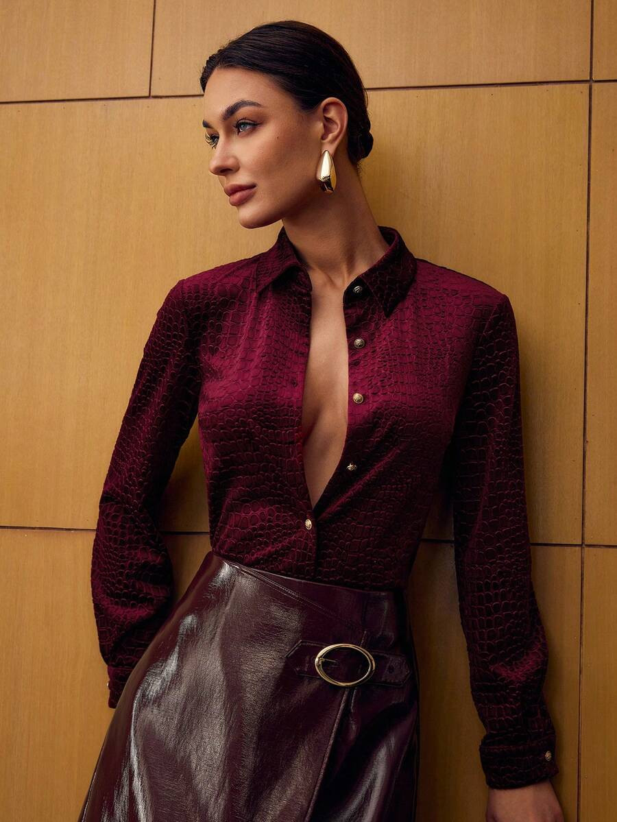 MOTF PREMIUM VELVET JACQUARD ELASTIC BLOUSE, AUTUMN/WINTER | SHEIN