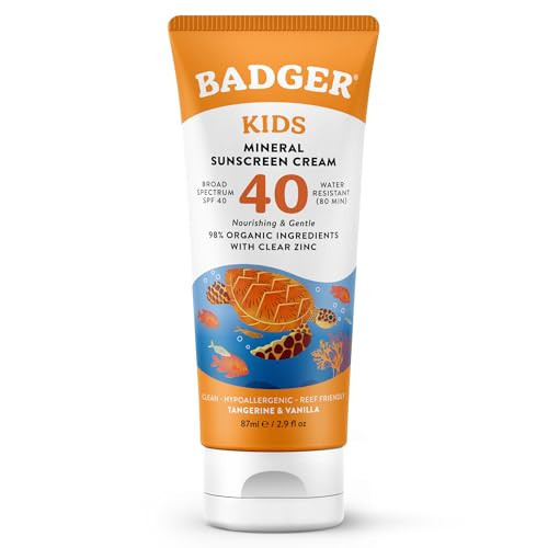 Badger Kids Mineral Sunscreen Cream SPF 40, 98% Organic Ingredients, Zinc Oxide Sunscreen for Kids Face & Body, Water Resistant, Reef Friendly, Hawaii Approved Broad Spectrum Sunblock, 2.9 fl oz | Amazon (US)
