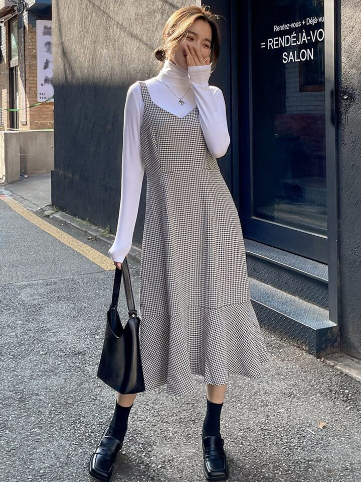 DAZY 1pc Houndstooth Print Ruffle Hem Overall Dress | SHEIN