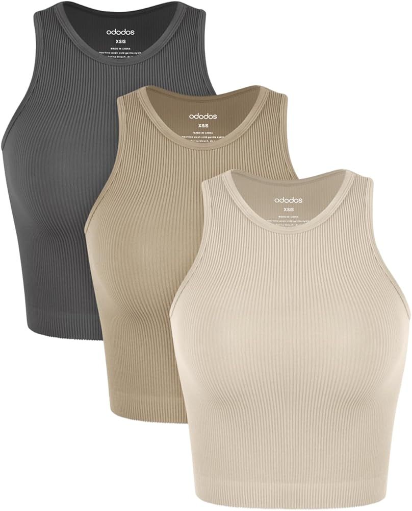 ODODOS 3-Pack Seamless Crop Tank for Women Ribbed Soft High Neck Cropped Tops | Amazon (US)