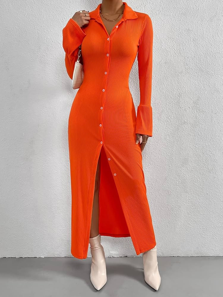 Dresses for Women Solid Button Front Dress (Color : Orange, Size : Medium) | Amazon (US)