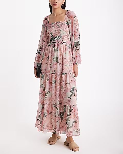 Floral Square Neck Long Sleeve Smocked Tiered Maxi Dress | Express (Pmt Risk)