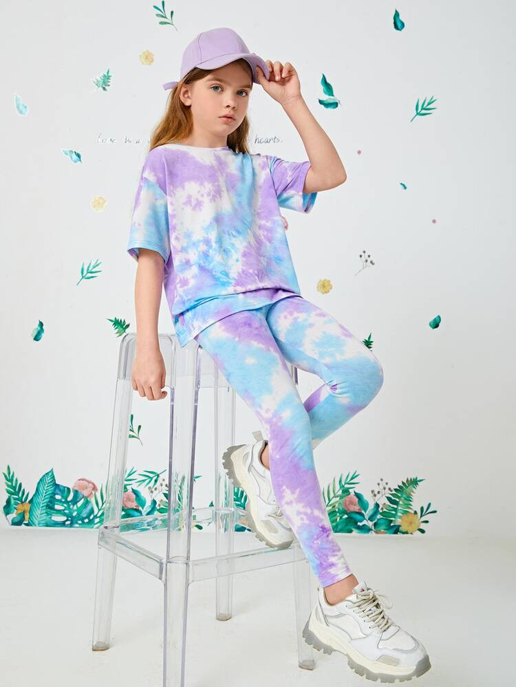 SHEIN Girls Tie Dye Front Tee & Leggings | SHEIN