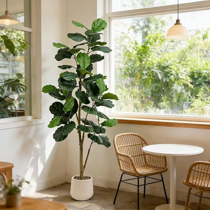 Artificial Fiddle Leaf Fig Tree, 7FT Tall Faux Ficus Lyrata Fake Tree in White Pot, Artificial Tr... | Amazon (US)