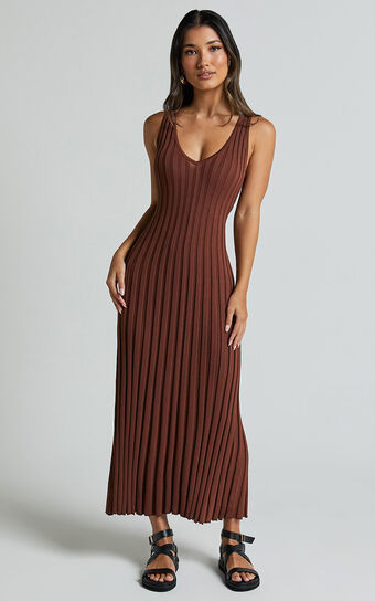 Maya Midi Knit Dress - Sleeveless V Neck Knited Midi Dress in Dark Chocolate | Showpo (US, UK & Europe)