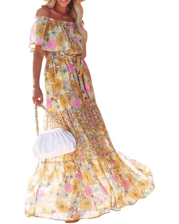 Womens Off Shoulder Boho Floral Maxi Dress 2024 Belted Cinched Waist A-line Dresses Summer Vacati... | Amazon (US)