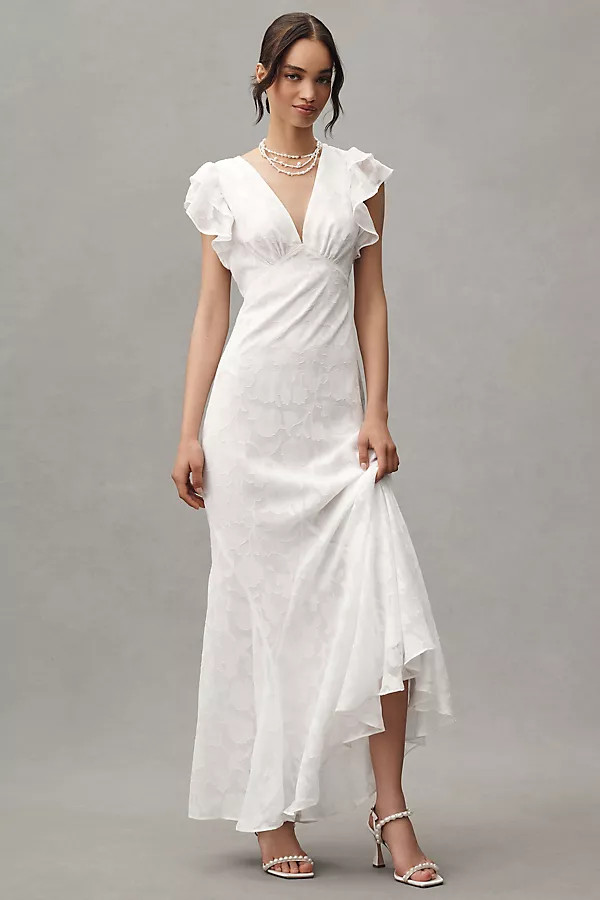 BHLDN Flutter-Sleeve V-Neck Floral Chiffon A-Line Maxi Dress | Anthropologie (US)