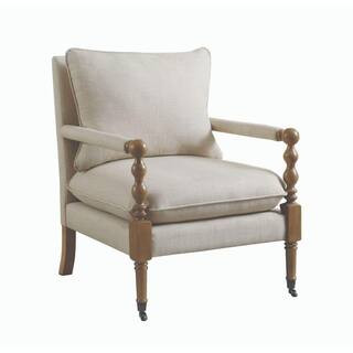 Benjara Beige and Brown with Manchette Armrest Fabric Upholstered Wooden Accent Chair | The Home Depot
