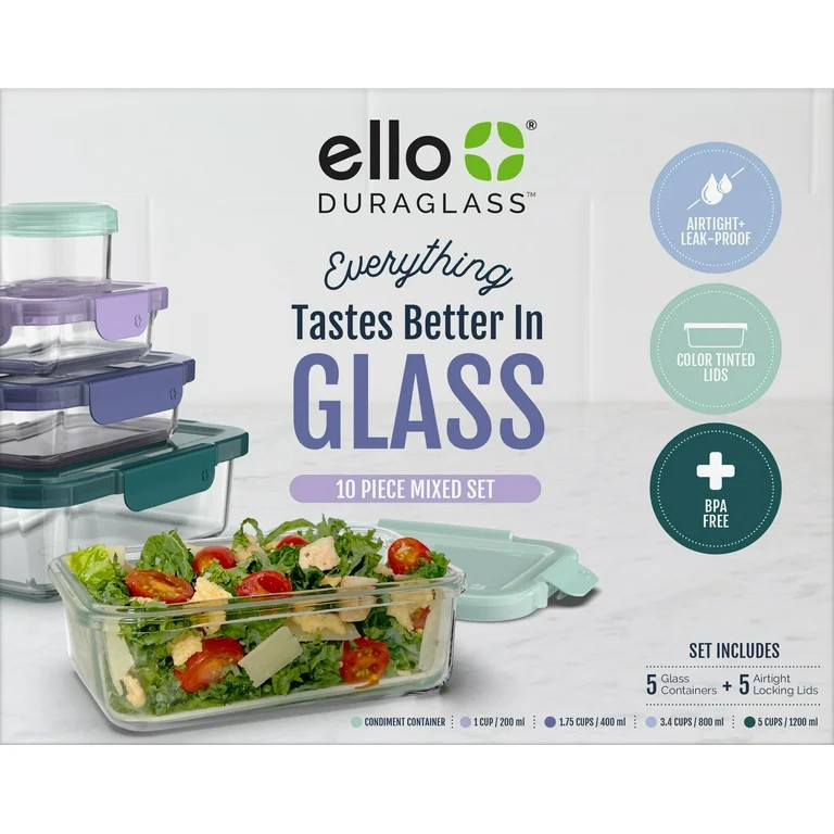 Ello Duraglass Glass Containers and Plastic Lids, 10 Piece Food Storage Containers, Set of 5 | Walmart (US)
