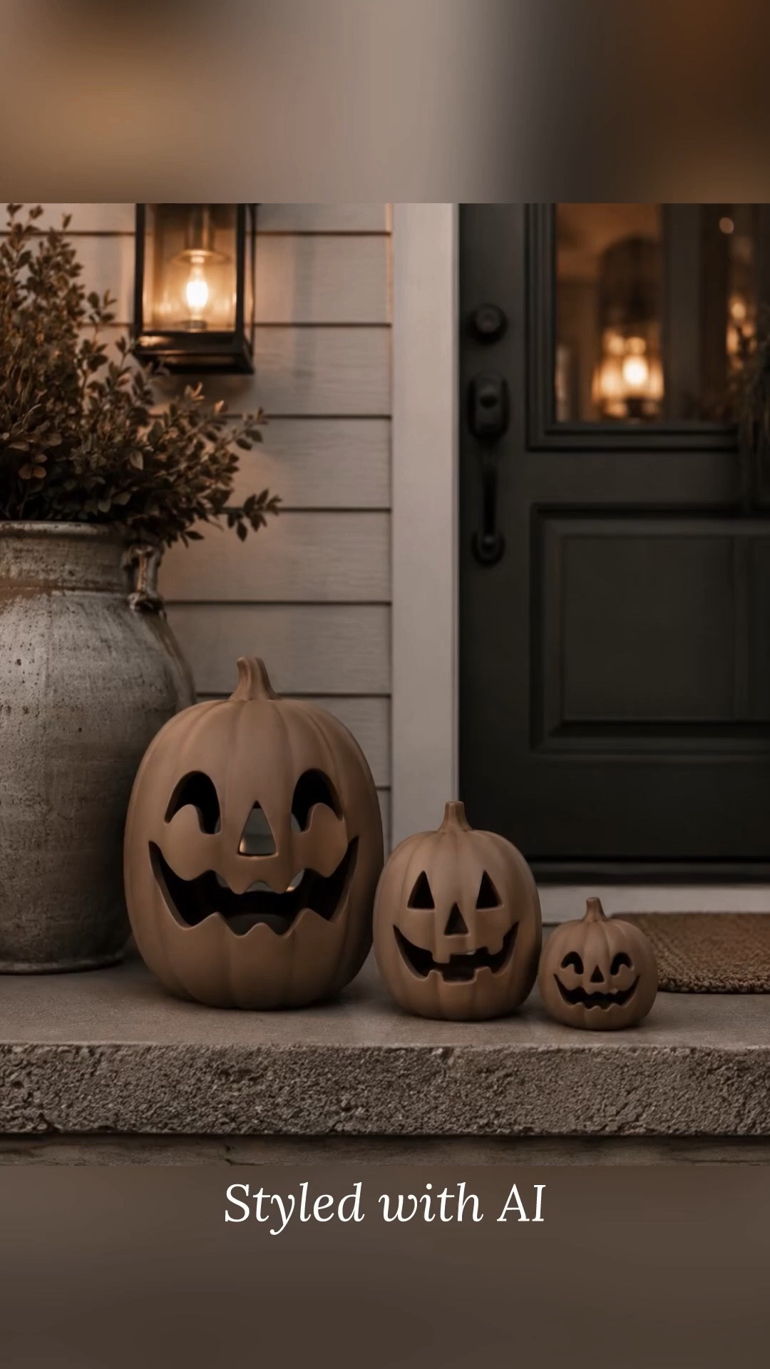 I ordered these Kohl’s terracotta jackolanterns last night, I hope they’re as cute in real life! I’ll report back when they arrive. This image is just something I styled with AI, actual product will most certainly vary! Heights of the actual pumpkins are 16”, 10” and 6”. Also I’ll probably keep these inside if they seem fragile. #falldecor Halloween decor budget home AI

#LTKHome
