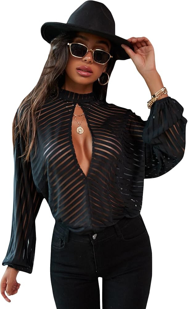 SheIn Women's Sheer Mesh Cut Out Tops Blouse Bishop Long Sleeve Mock Neck Shirt | Amazon (US)