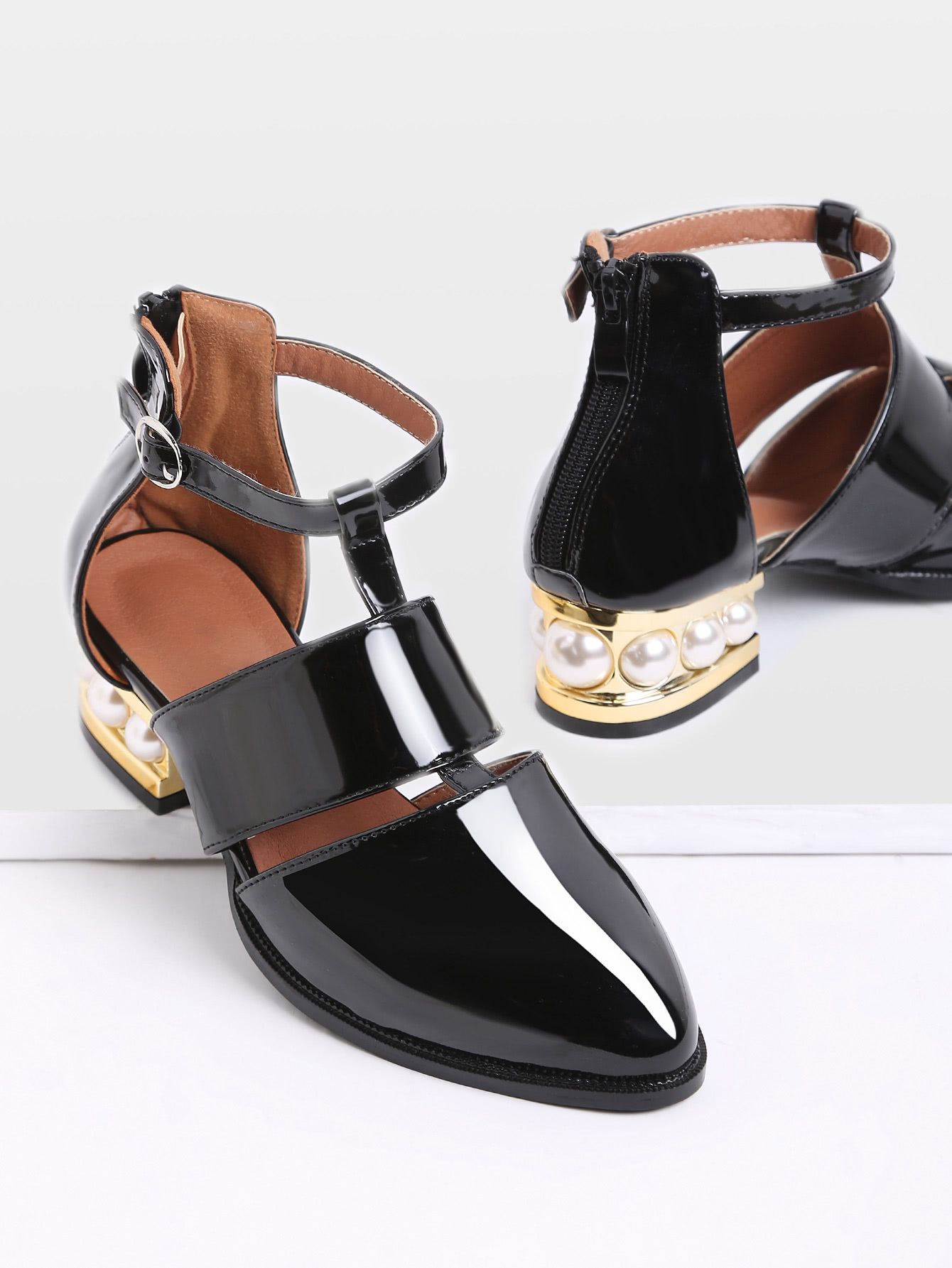 Black Pearl Design Back Zipper Patent Leather Shoes | SHEIN