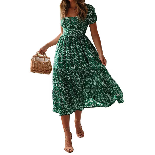 Julycc Womens Boho Midi Floral Dress Summer Short Sleeve Long Beach Sundress - Walmart.com | Walmart (US)