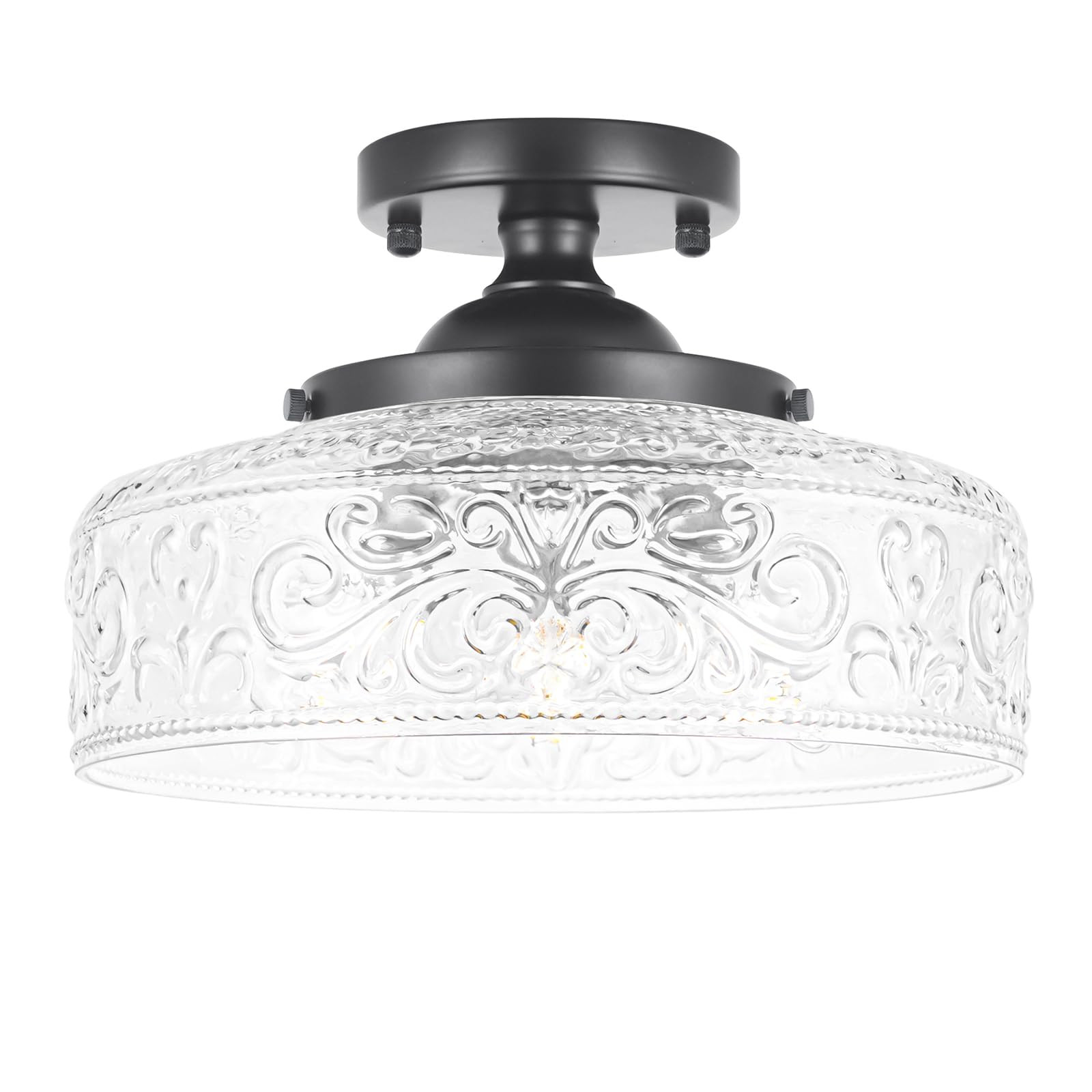 Semi Flush Mount Ceiling Light Fixture, Vintage Matte Black 3-Light Fixture with Etched Crystal G... | Amazon (US)