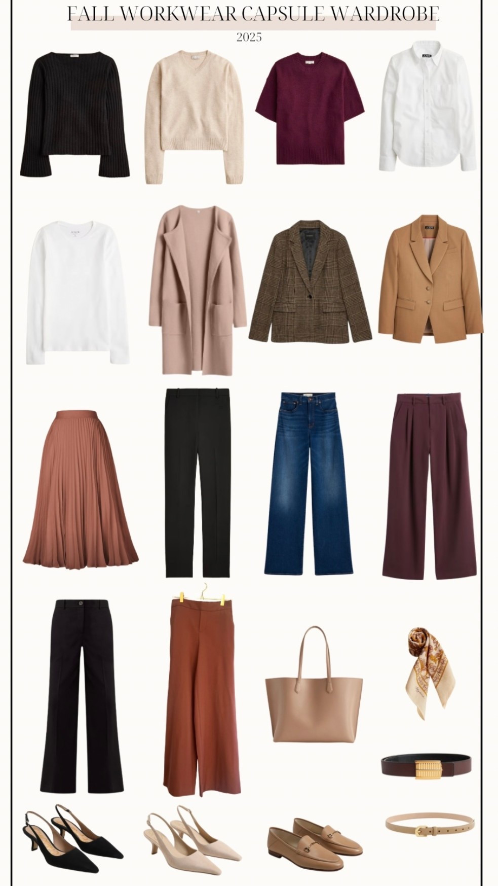The 2025 fall workwear capsule wardrobe! 

There are 21 items in this capsule and over 30+ outfit ideas. Full posts are coming soon! 

Black top (Quince): xs 
V neck sweater (Quince): xs in oatmeal 
Short sleeve sweater (Quince): xs in rich burgundy 
Button down top (J.Crew Factory): petite xxs 
White long sleeve top (Quince): xs 
Duster cardigan (Amazon): xs in apricort 
Plaid blazer (BR Factory): petite 00 
Tan blazer (J.Crew): petite 00 in burnished saddle 
Pleated skirt (Amazon): small in brown 
Black straight pants (Gap): petite xs / 10.5” rise / 24.5” inseam - recommend a size down
Wide leg jeans (Madewell): petite 24 in pipestone wash / 10.5” rise / 28” inseam 
Purple pants (Gap): petite 00 / 11” rise / 28” inseam 
Black wide leg pants (Ann Taylor): petite 00 / 10” rise / 28.5” inseam (I’m wearing curvy, I can only wear with heels) 
Auburn pants (BR Factory): petite 00 / 10” rise / 29” inseam (I can only wear with heels) 

*beige heels links are a slightly different color.

My measurements for reference: I’m 4’10” and 105lbs. My bust, waist, and hip measurement is 32”, 24”, and 36”.

#LTKSeasonal #LTKWorkwear #LTKPetite